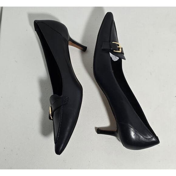 BROOKS BROTHERS Leather 7.5 Kitten Heels Buckle Pointed Toe Italy Bluish Black - Picture 7 of 12